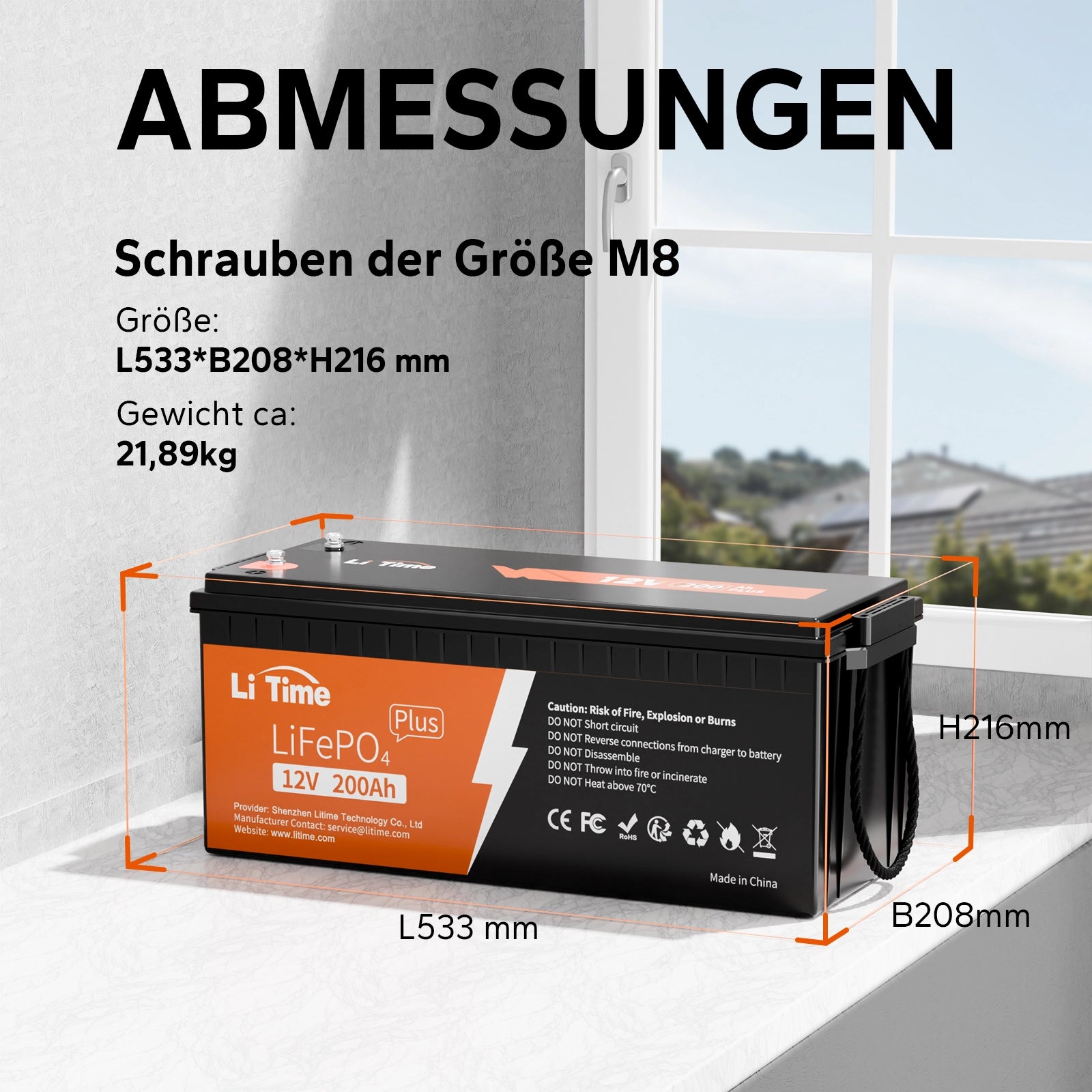 Die Abmessungen von LiTime 12V 200Ah Plus LiFePO4 Batterie