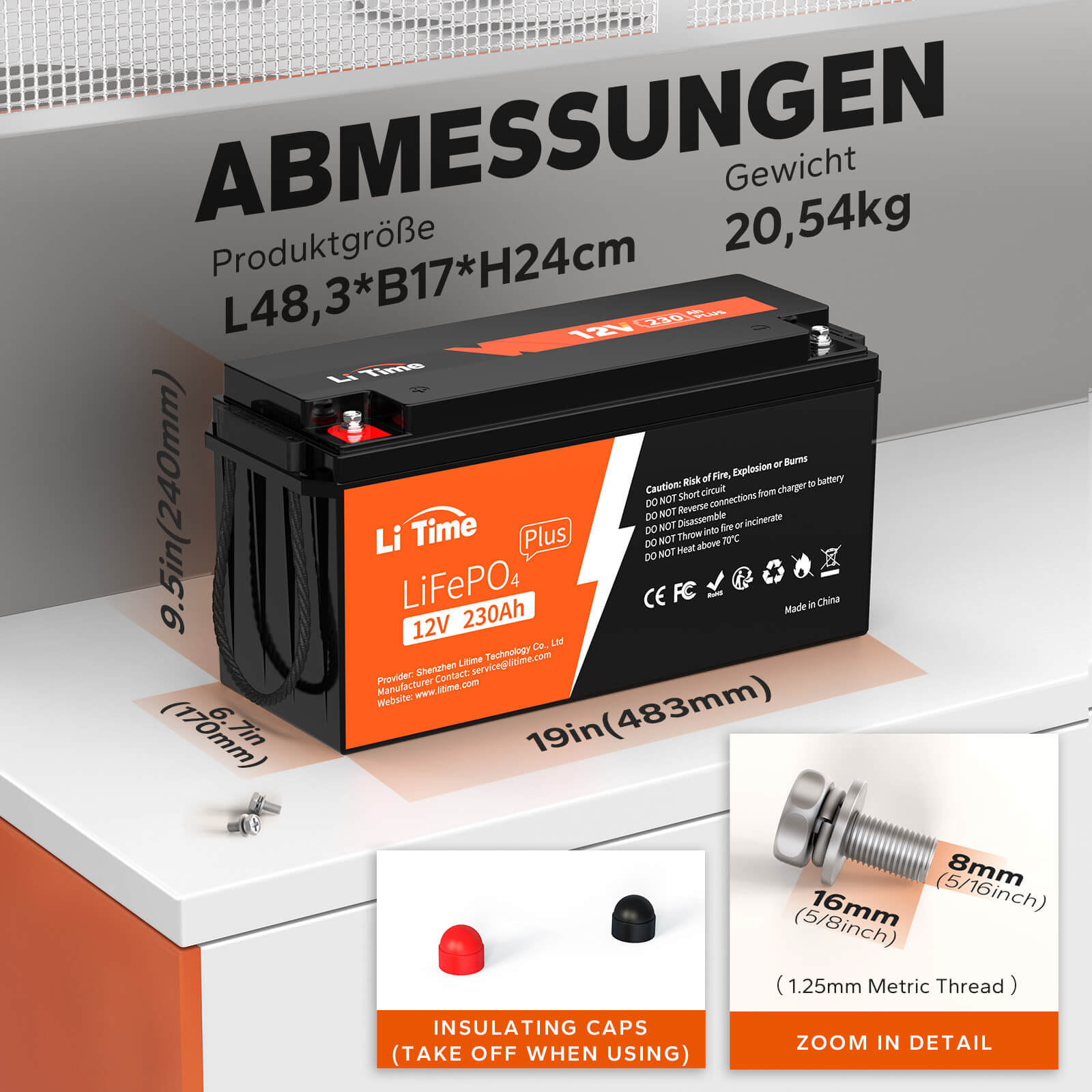 Die Anmessungen von LiTime 12V 230Ah LiFePO4