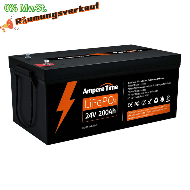 Ampere Time 24V 200Ah LiFePO4 Battery, 5.12kWh Lithium Battery with 200A  BMS, 4000-15000 Cycles, for Solar, RV & Marine