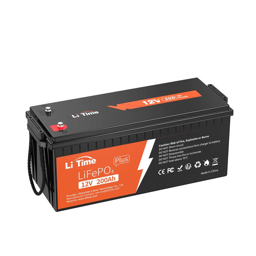 LiTime 12V 200Ah Batterie mit 2.560Wh Energie, 100A BMS, max. Dauerlastleistung 1280W, ist das BMS unserer 12V 200Ah Plus Lithium Batterie auf 200A vergrößert, die max.