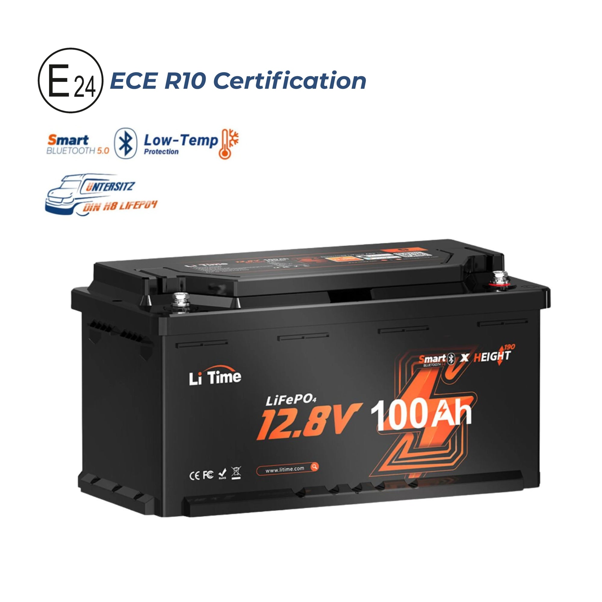 ECE R10- E24-Prüfzeichen-12V-100Ah-H190-Bluetooth-Fur-Wohnmobil-Untersitz-LiFePO4