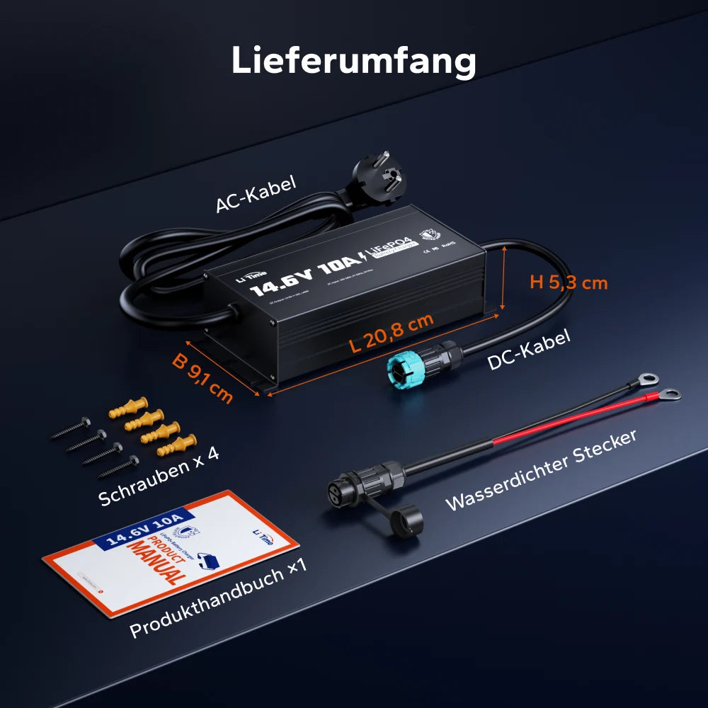 LiTime 12V 10A litium innebygd batterilader IP65 vanntett