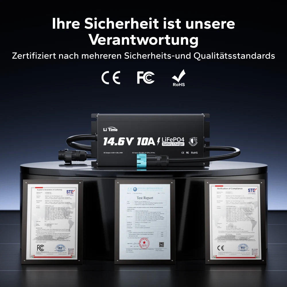 LiTime 12V 10A litium innebygd batterilader IP65 vanntett
