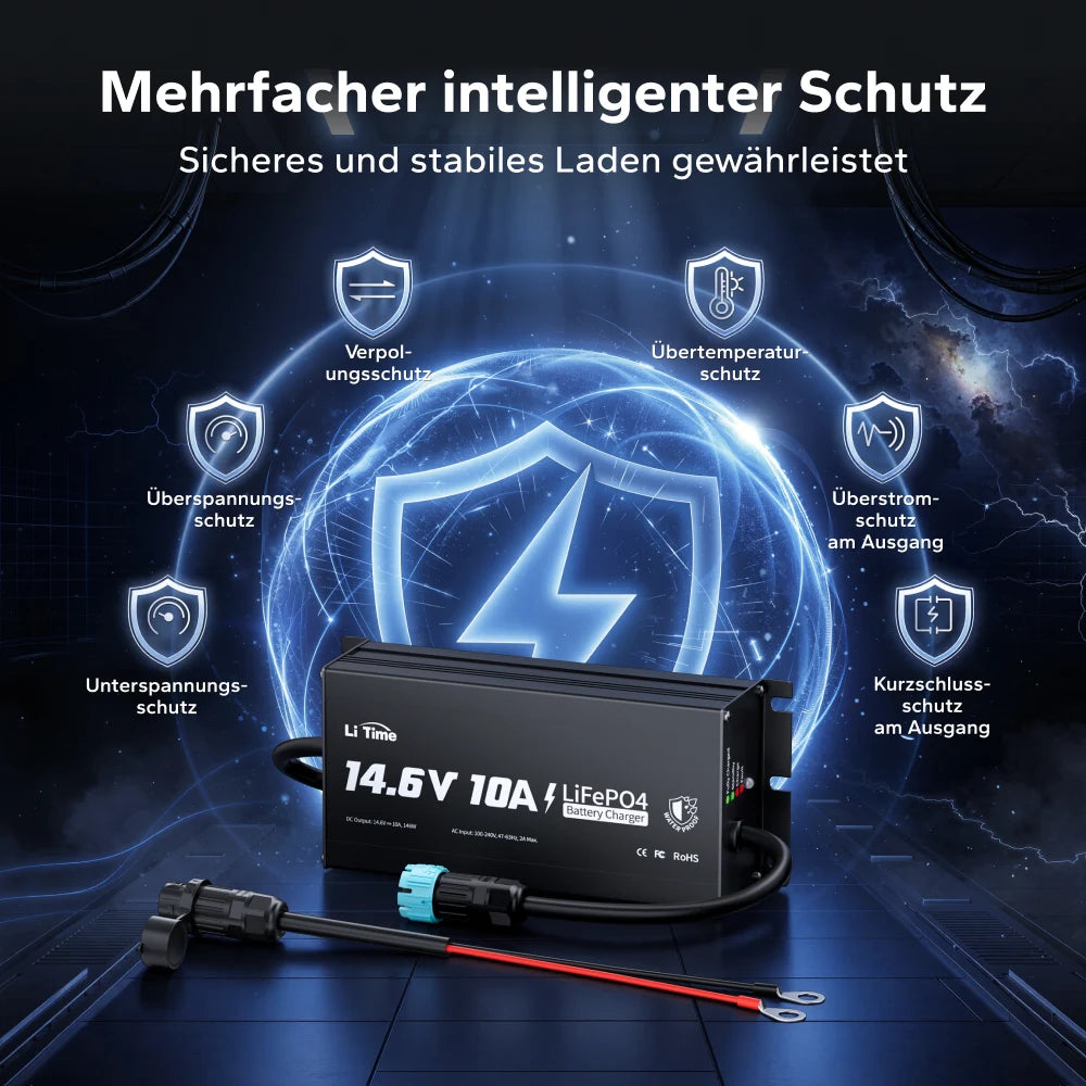 LiTime 12V 10A litium innebygd batterilader IP65 vanntett