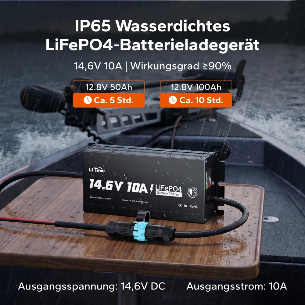 LiTime 12V 10A litium innebygd batterilader IP65 vanntett