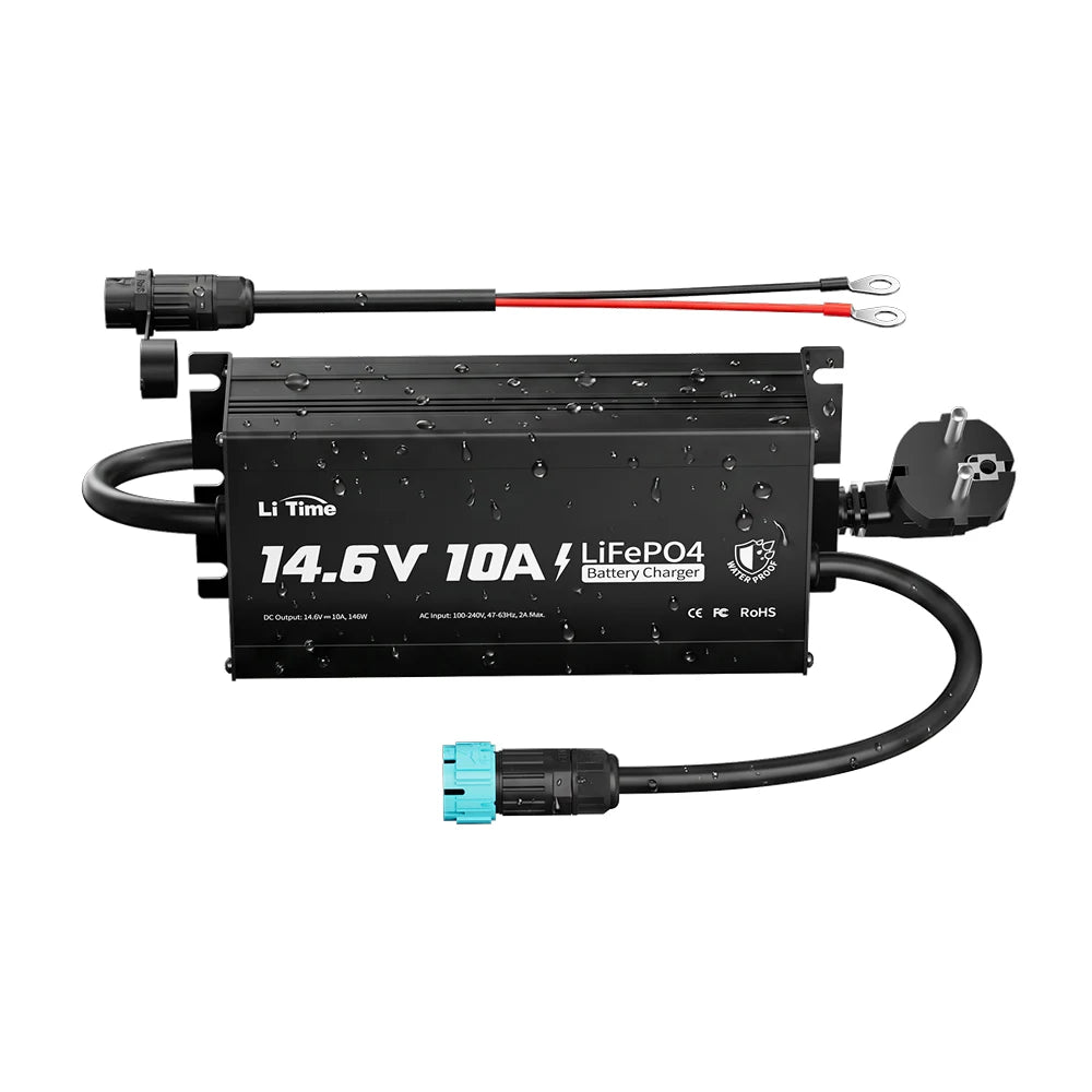 LiTime 12V 10A litium innebygd batterilader IP65 vanntett