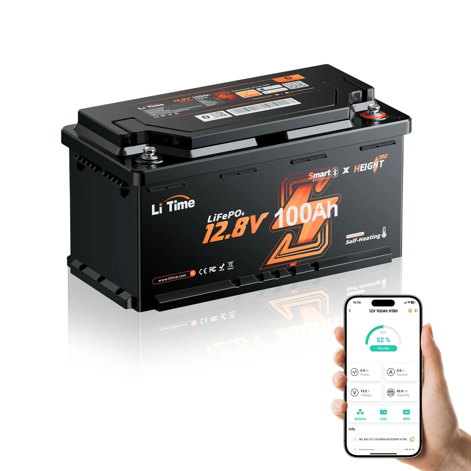 12V 100Ah H190 LiFePO4 mit Heizung & Bluetooth 5.0 durch LiTime App