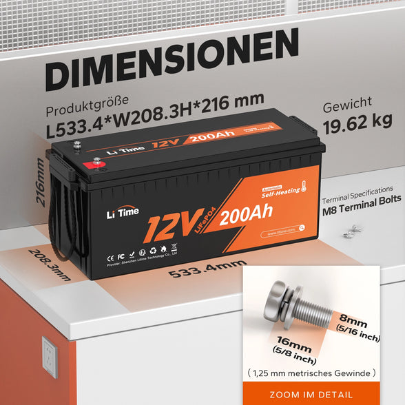 Die Dimensionen von LiTime 12V 200Ah LiFePO4 Lithium Batterie