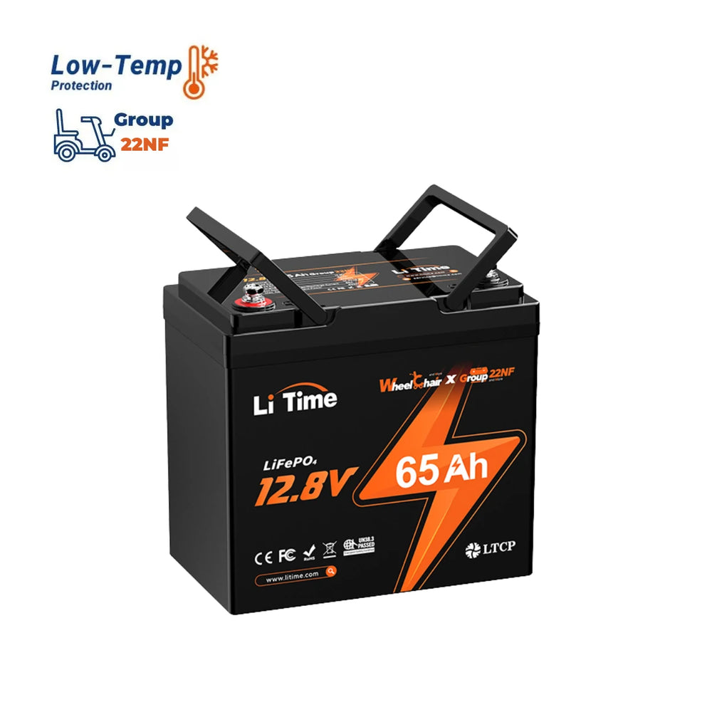 【Nicht mehr erhältlich】LiTime 12V 65Ah Group 22NF Deep Cycle Lithium-Batterie Rollstuhl Schwergewicht und Seniorenmobil, Elektromobil