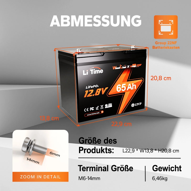 【Nicht mehr erhältlich】LiTime 12V 65Ah Group 22NF Deep Cycle Lithium-Batterie Rollstuhl Schwergewicht und Seniorenmobil, Elektromobil