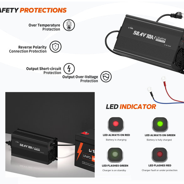 Litime 58.4V 10A LifePo4 Batterilader for 51.2V LifePo4 -batteri, med en intelligent 0V -ladefunksjon