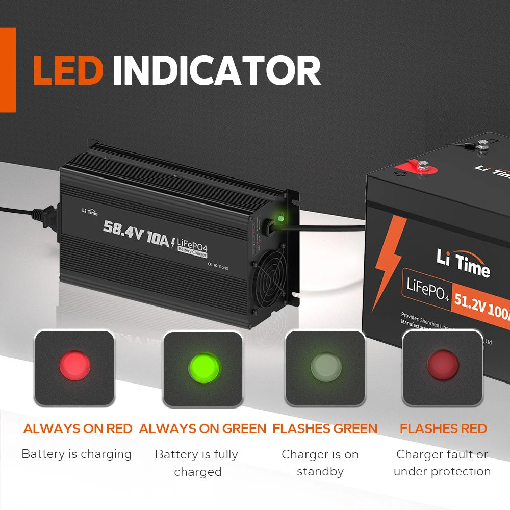 Litime 58.4V 10A Lifepo4 зарядно устройство за батерия за 51.2V LifePO4 батерия, с интелигентна функция за зареждане 0V