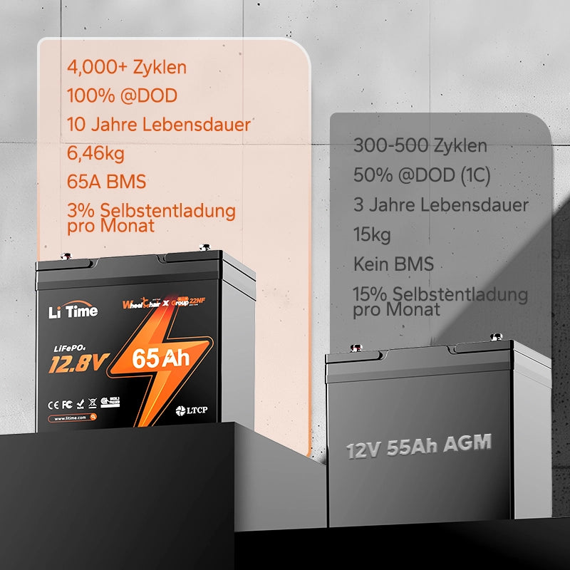 【Nicht mehr erhältlich】LiTime 12V 65Ah Group 22NF Deep Cycle Lithium-Batterie Rollstuhl Schwergewicht und Seniorenmobil, Elektromobil