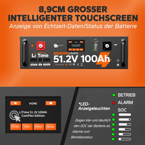 LiFePO4 51,2 V 100 Ah mit großem, 8,9 cm großem, intelligentem Touchscreen