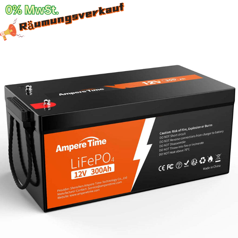 【0% Mehrwertsteuer】Ampere Time 12V 300Ah Lithium-Eisenphosphat LiFePO4 Batterie Amperetime DE