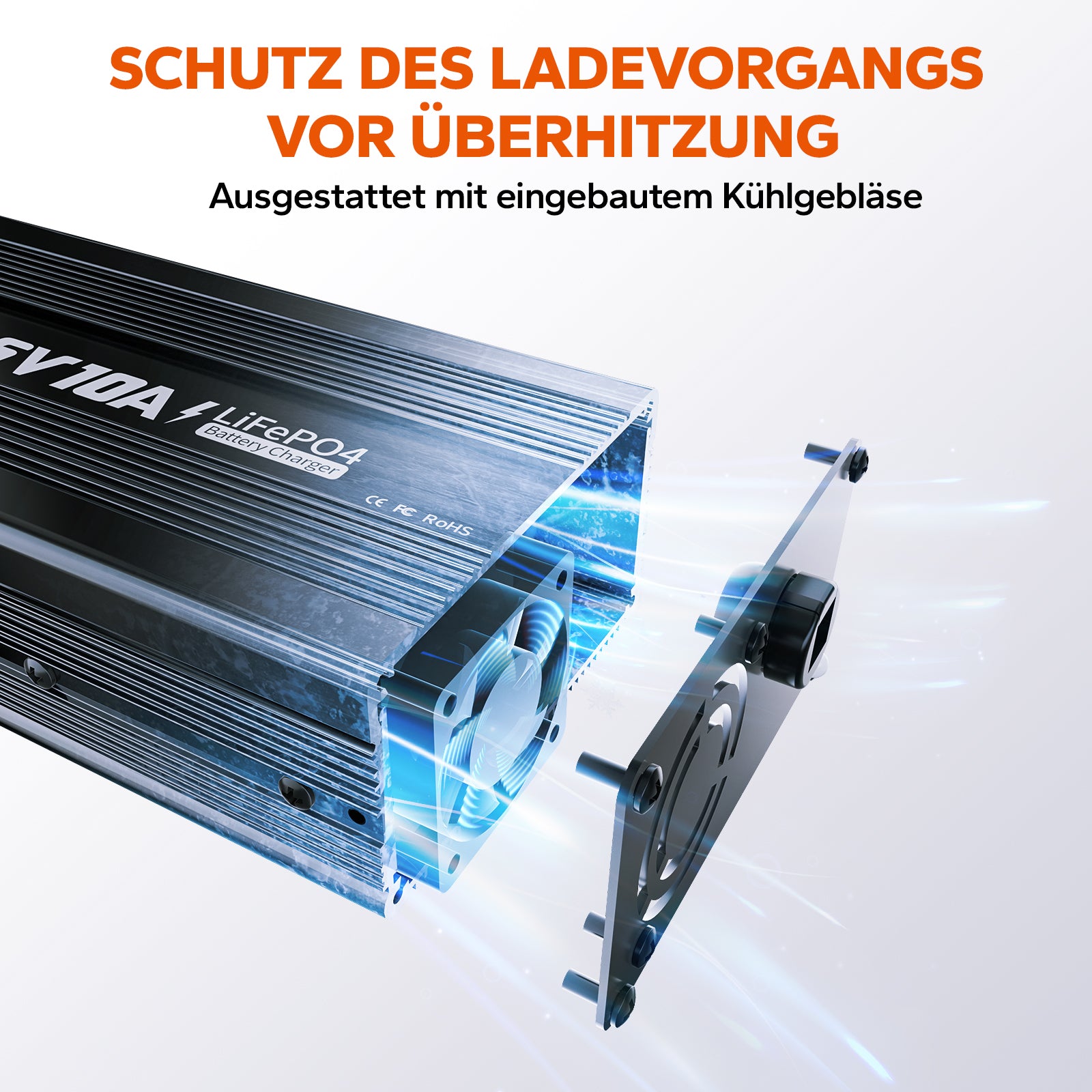 LiTime LiFePO4 Ladegerät 12V 10A Überhitzungsschutz mit Kühlgebläse