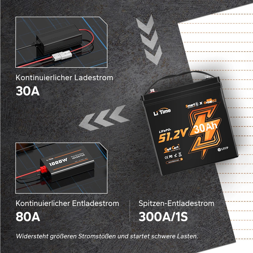 LiTime 48V 30Ah LiFePO4 Batterie mit Lädegerät