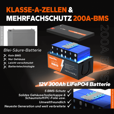 【0% Mehrwertsteuer】Ampere Time 12V 300Ah Lithium-Eisenphosphat LiFePO4 Batterie amperetime-de-free