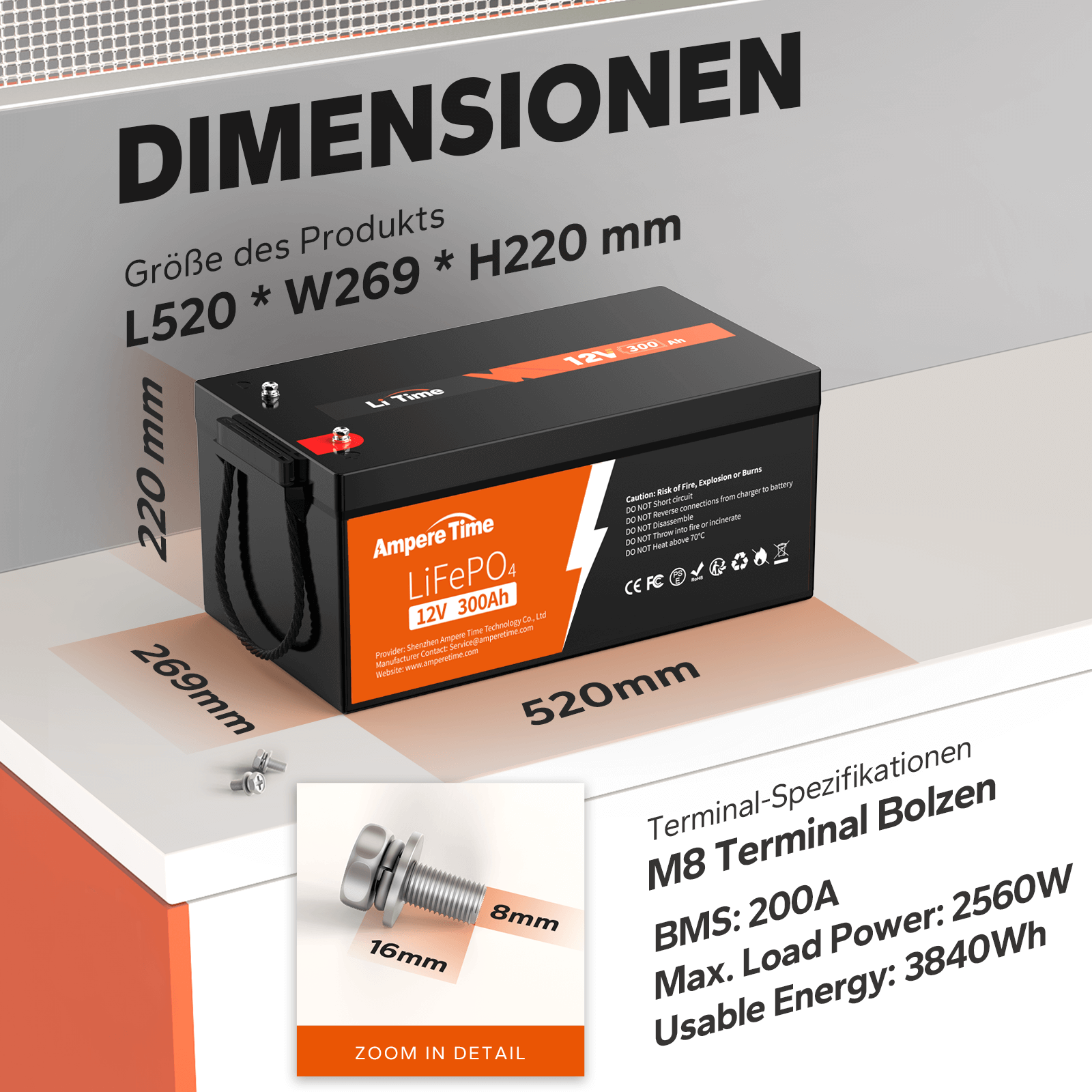 【0% Mehrwertsteuer】Ampere Time 12V 300Ah Lithium-Eisenphosphat LiFePO4 Batterie amperetime-de-free