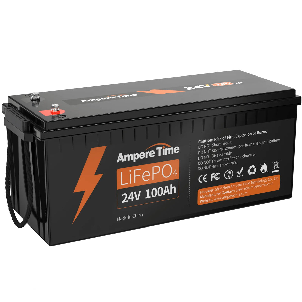 Ampere Time 24V 100Ah LiFePO4 battery with 100A BMS, Max. 2560Wh energy
