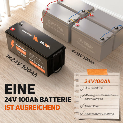 ✅Gebraucht✅ Ampere Time 24V 100Ah LiFePO4 Batterie mit 100A BMS, Max. 2560Wh Energie