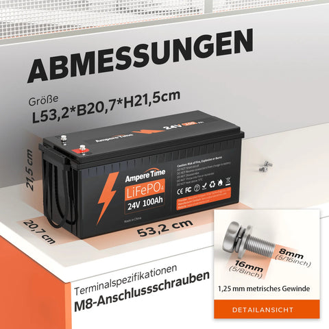 ✅Gebraucht✅ Ampere Time 24V 100Ah LiFePO4 Batterie mit 100A BMS, Max. 2560Wh Energie
