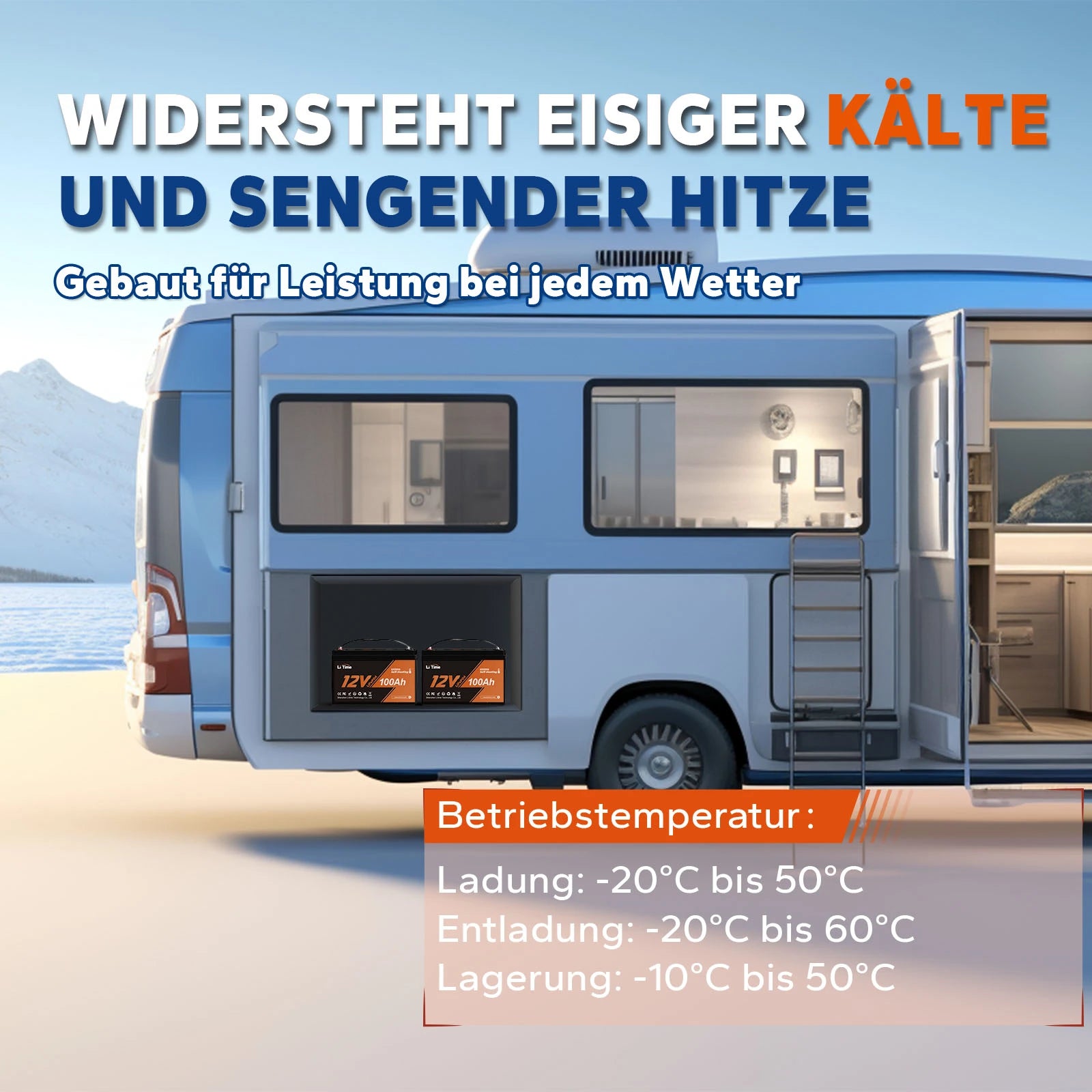 LiTime 12V 100Ah LiFePO4 Batterie kann eisiger Kälte und sengender Hitze widerstehen.