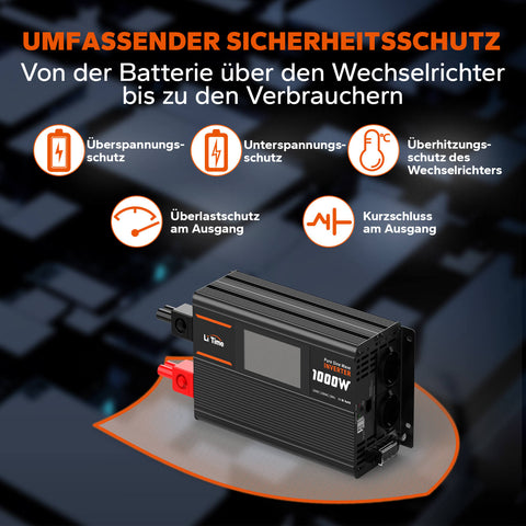 0% MwSt.】LiTime 1000W Reiner Sinsuswellen Wechselrichter 12VDC zu