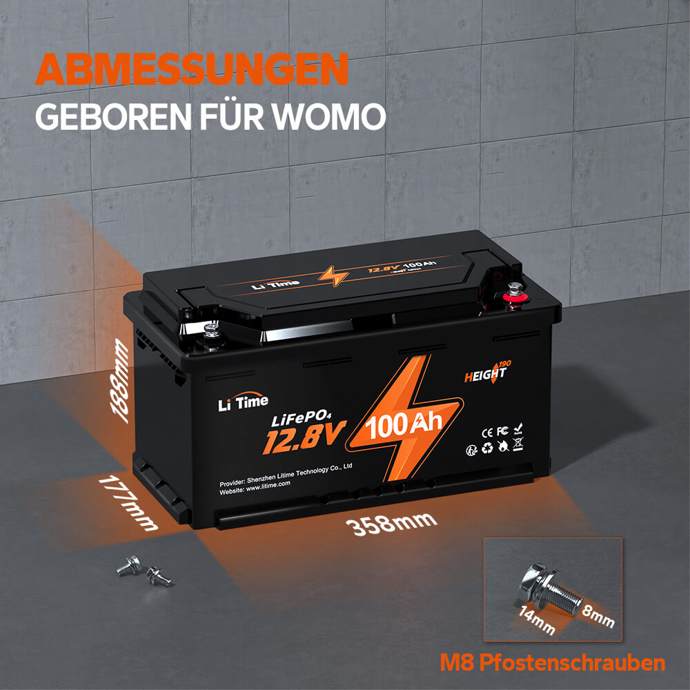 LiTime 12V 100Ah H190 LiFePO4 Batterie, Hoch188mm, 1280Wh, 100A BMS, Max. 15000 Zyklen