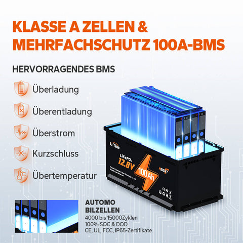 LiTime 12V 100Ah H190 LiFePO4 Batterie, Hoch188mm, 1280Wh, 100A BMS, Max. 15000 Zyklen