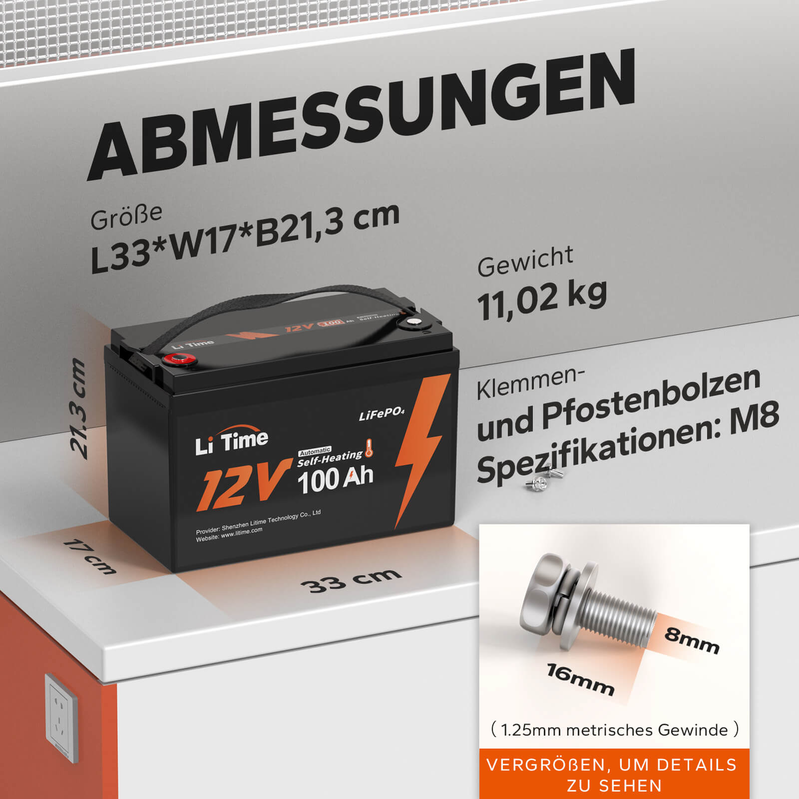 LiTime 12V 100Ah Selbstwärmende LiFePO4 Batterie mit 100A BMS, Tieftemperaturschutz