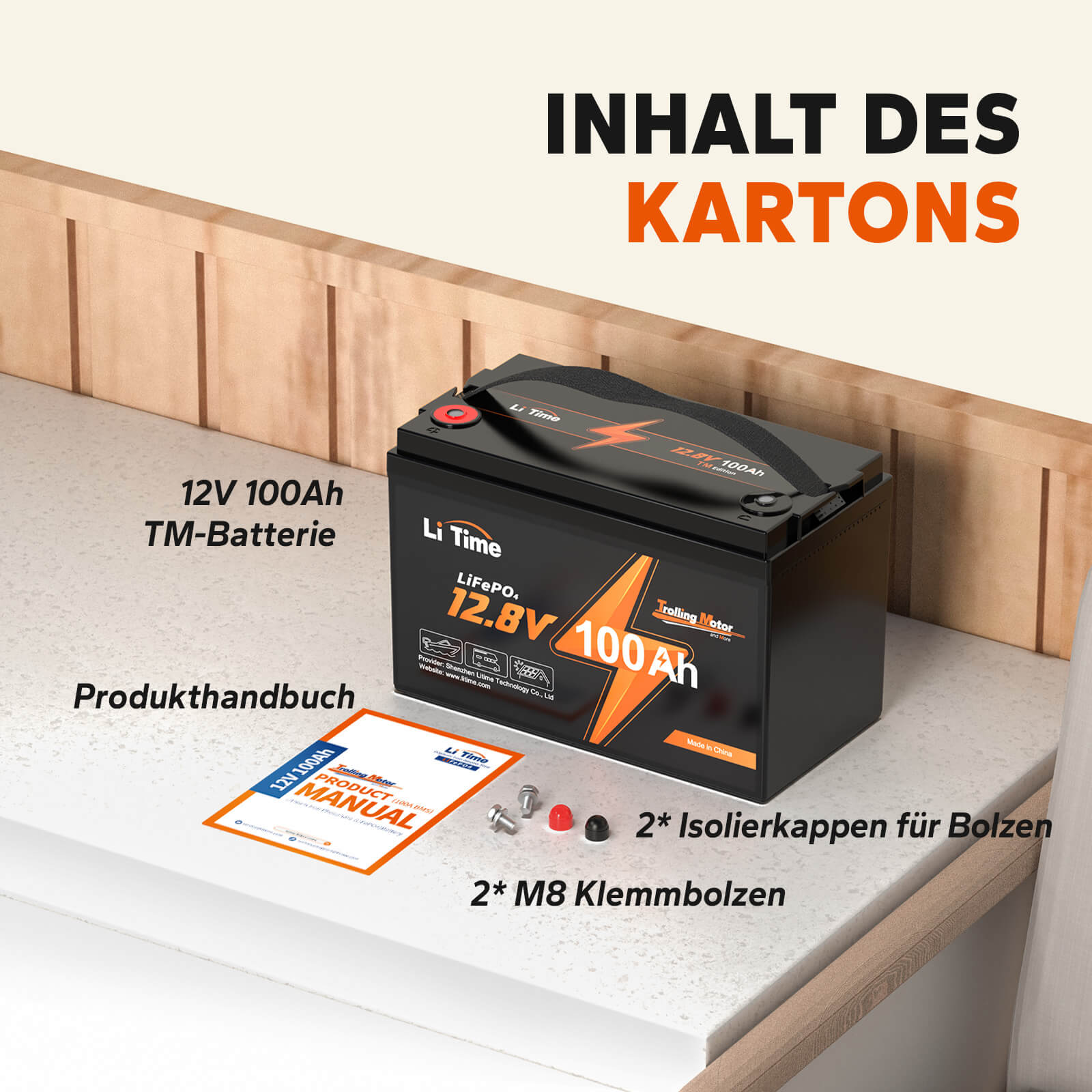 Der Inhalt des Kartons von LiTime LiFePO4-Batterie