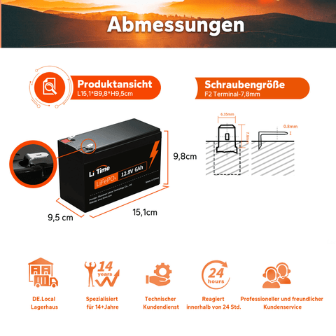 LiTime 12V 12Ah LiFePO4 Batterie, Eingebautes 12A BMS 153,6W Ausgangsleistung, 4000+ Tiefe Zyklen
