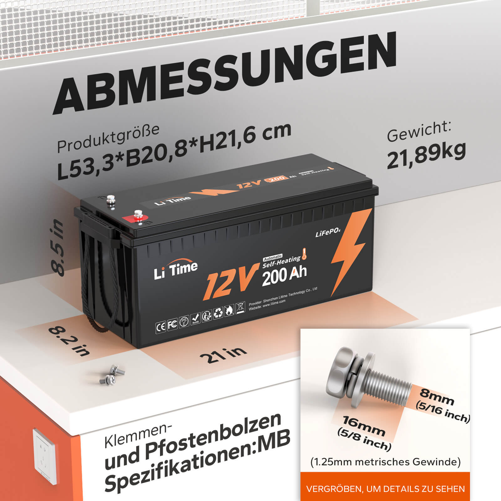 LiTime 12V 200Ah Selbsterwärmende LiFePO4 Lithium Batterie mit 100A BMS, unterstützt Niedrige Temp. Aufladen -20°C Media 2 of 10