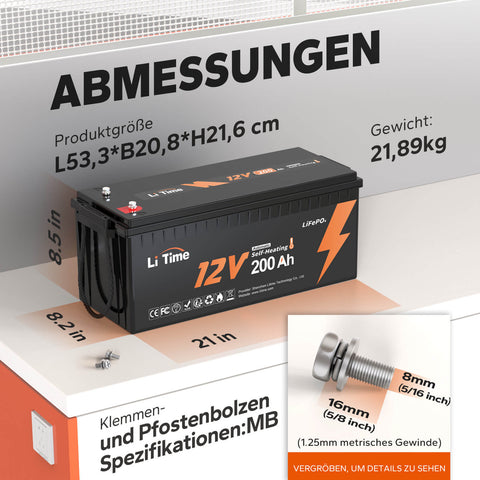 Batterie au lithium LiTime 12V 200Ah auto-chauffante LiFePO4 avec BMS 100A, protection basse température