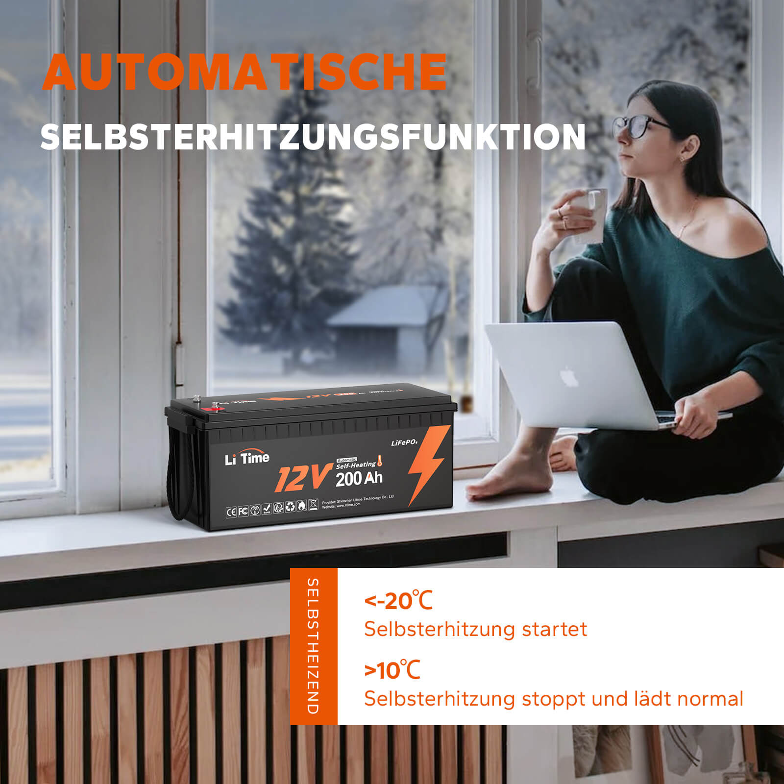 LiTime 12V 200Ah Selbsterwärmende LiFePO4 Lithium Batterie mit 100A BMS, unterstützt Niedrige Temp. Aufladen -20°C Media 2 of 10