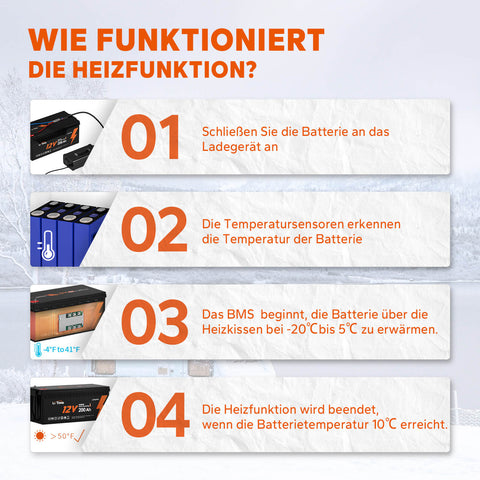 LiTime 12V 200Ah Selbsterwärmende LiFePO4 Lithium Batterie mit 100A BMS, unterstützt Niedrige Temp. Aufladen -20°C 