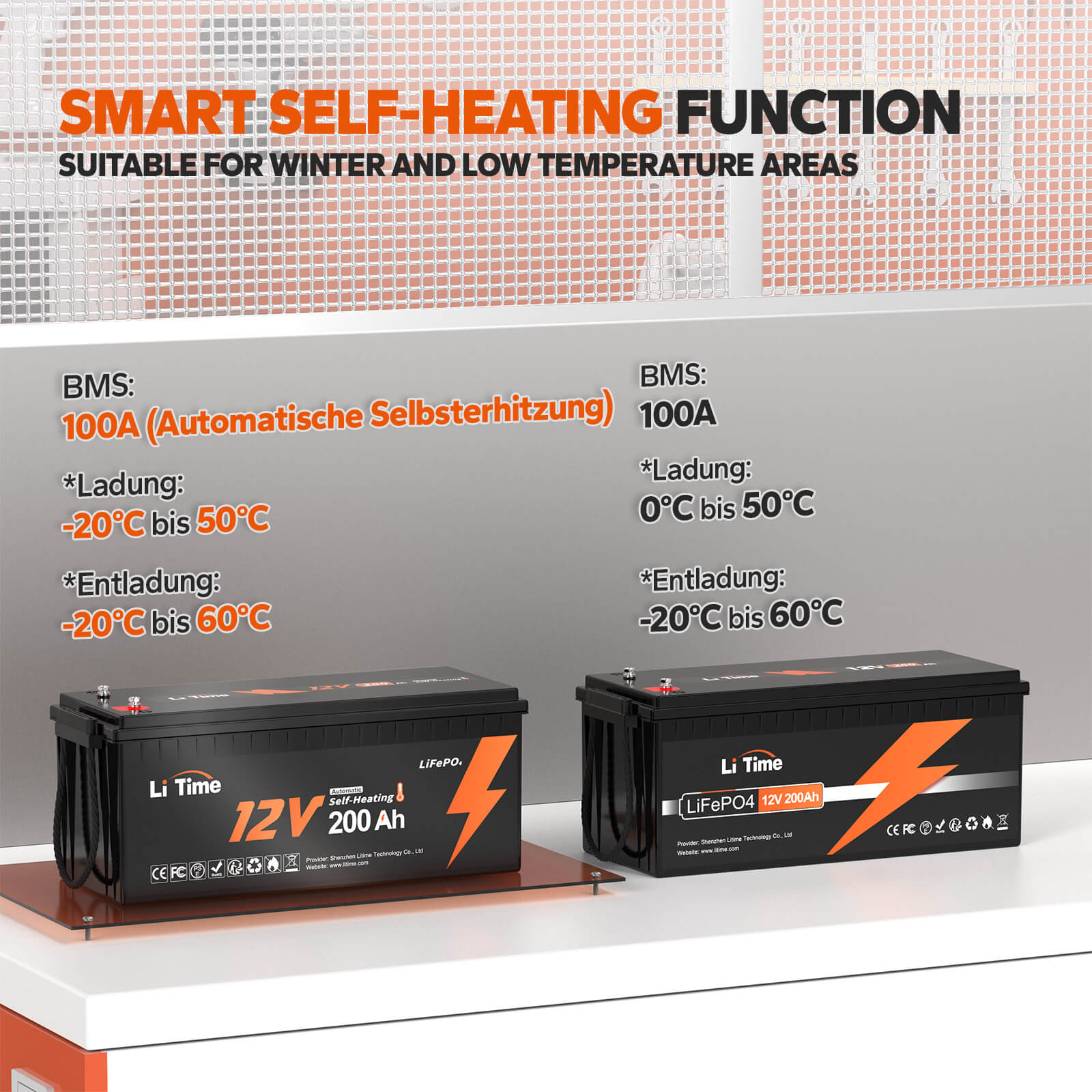 Batteria al litio LiFePO4 autoriscaldante LiTime 12V 200Ah con BMS 100A, protezione bassa temperatura