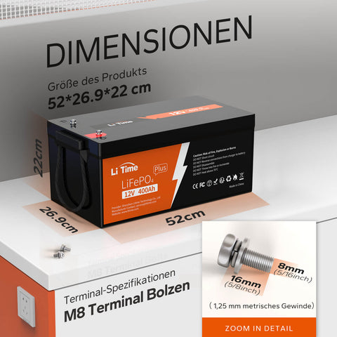 2* LiTime 12V 400Ah Batterien & 1* kostenloses 14,6V 40A Ladegerät