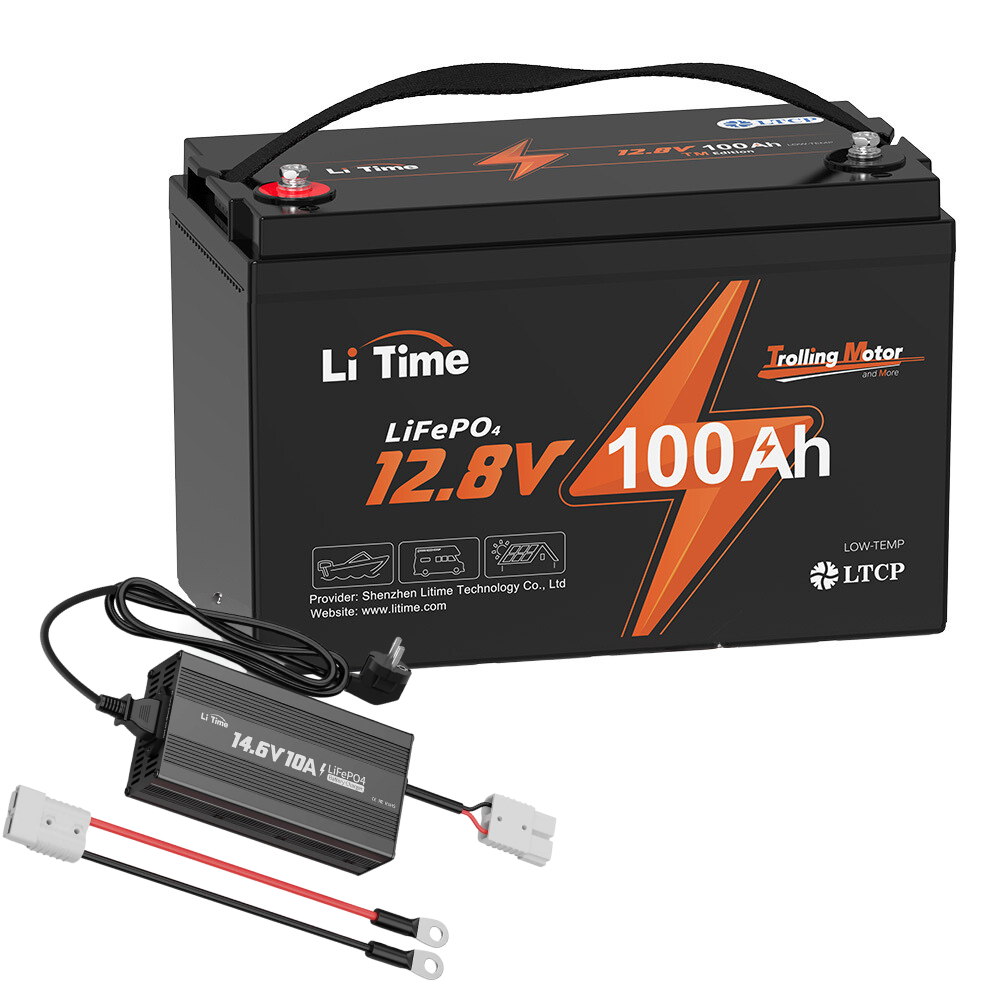 LiTime 12V 100Ah TM Batterie für Elektromotor und 14.6V 10A Lithium Batterie-Ladegerät