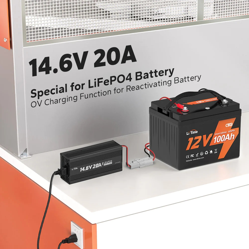 Chargeur de batterie lithium LiTime 14.6V 20A pour batterie lithium 12V LiFePO4