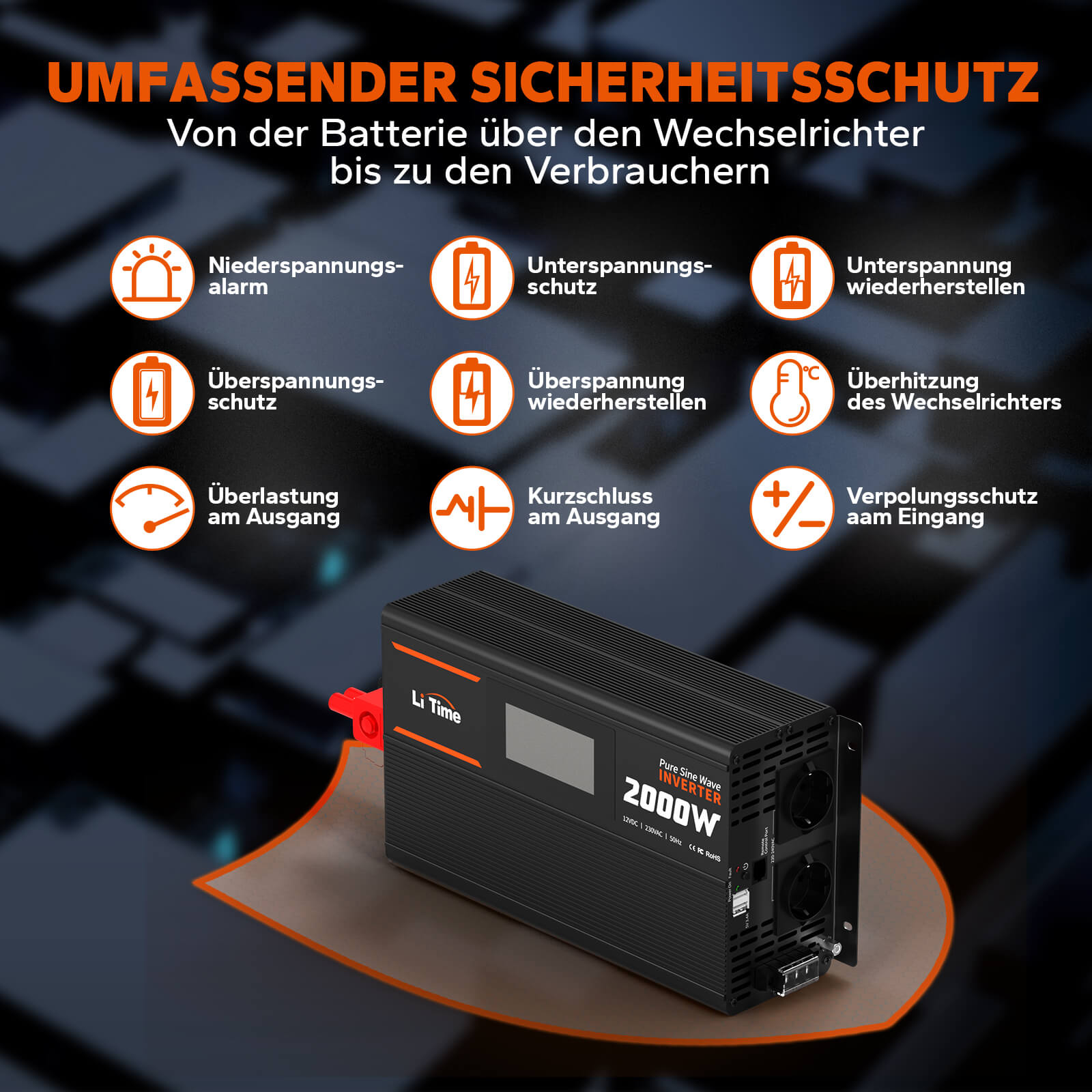 LiTime 2000W Reiner Sinsuswellen Wechselrichter 12VDC zu 230VAC Konver –  LiTime-DE