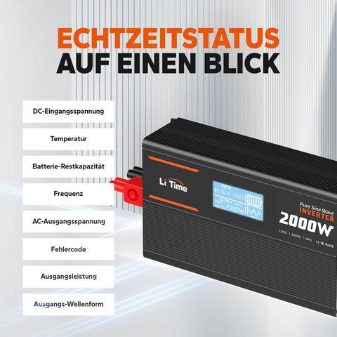LiTime 2000W Reiner Sinsuswellen Wechselrichter 12VDC zu 230VAC Konverter