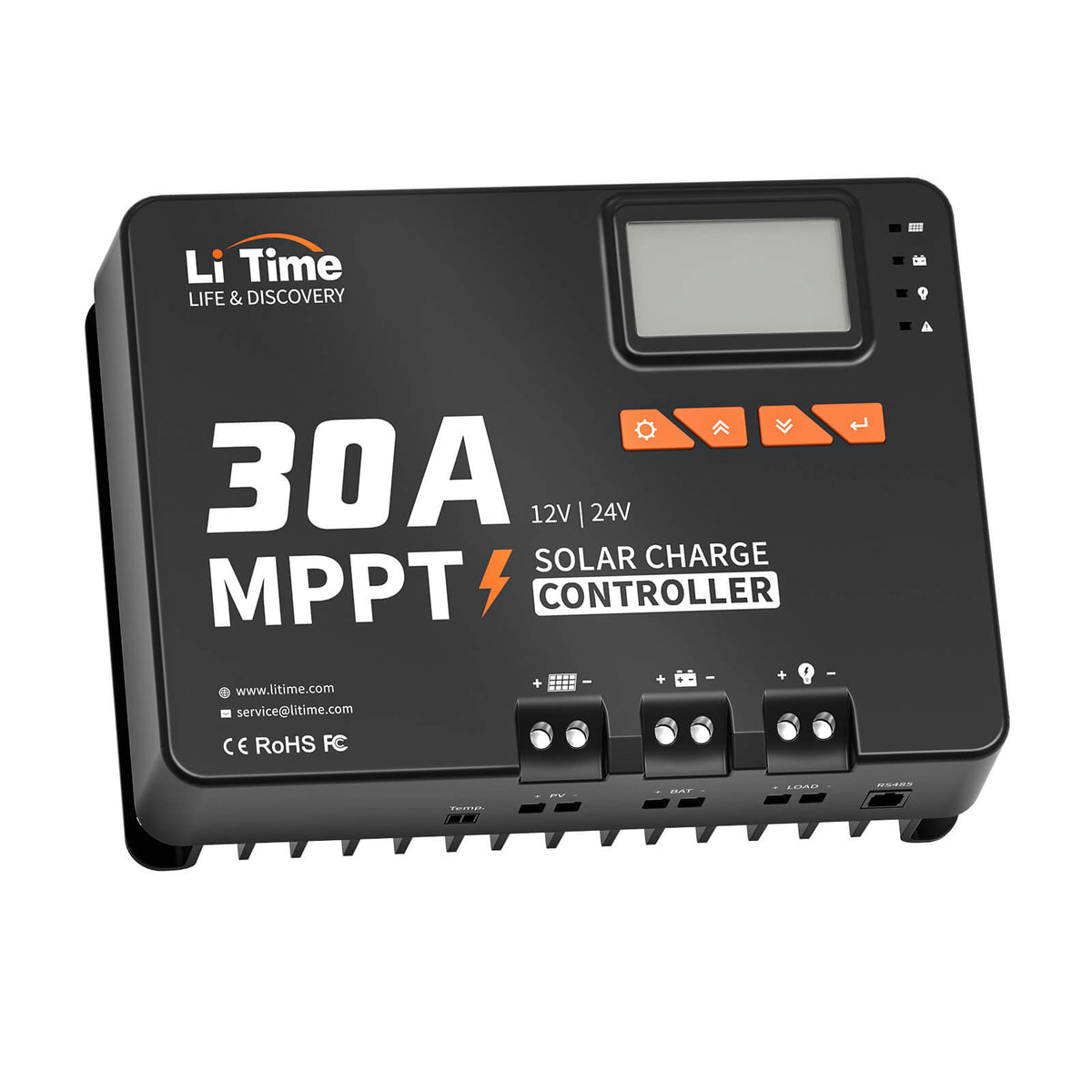 LiTime 30A MPPT 12V/24V Auto DC Input Regulator ładowania słonecznego z adapterem Bluetooth