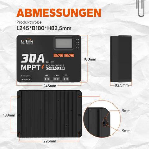 LiTime 30A MPPT 12V/24V Contrôleur de charge solaire à entrée CC automatique avec adaptateur Bluetooth
