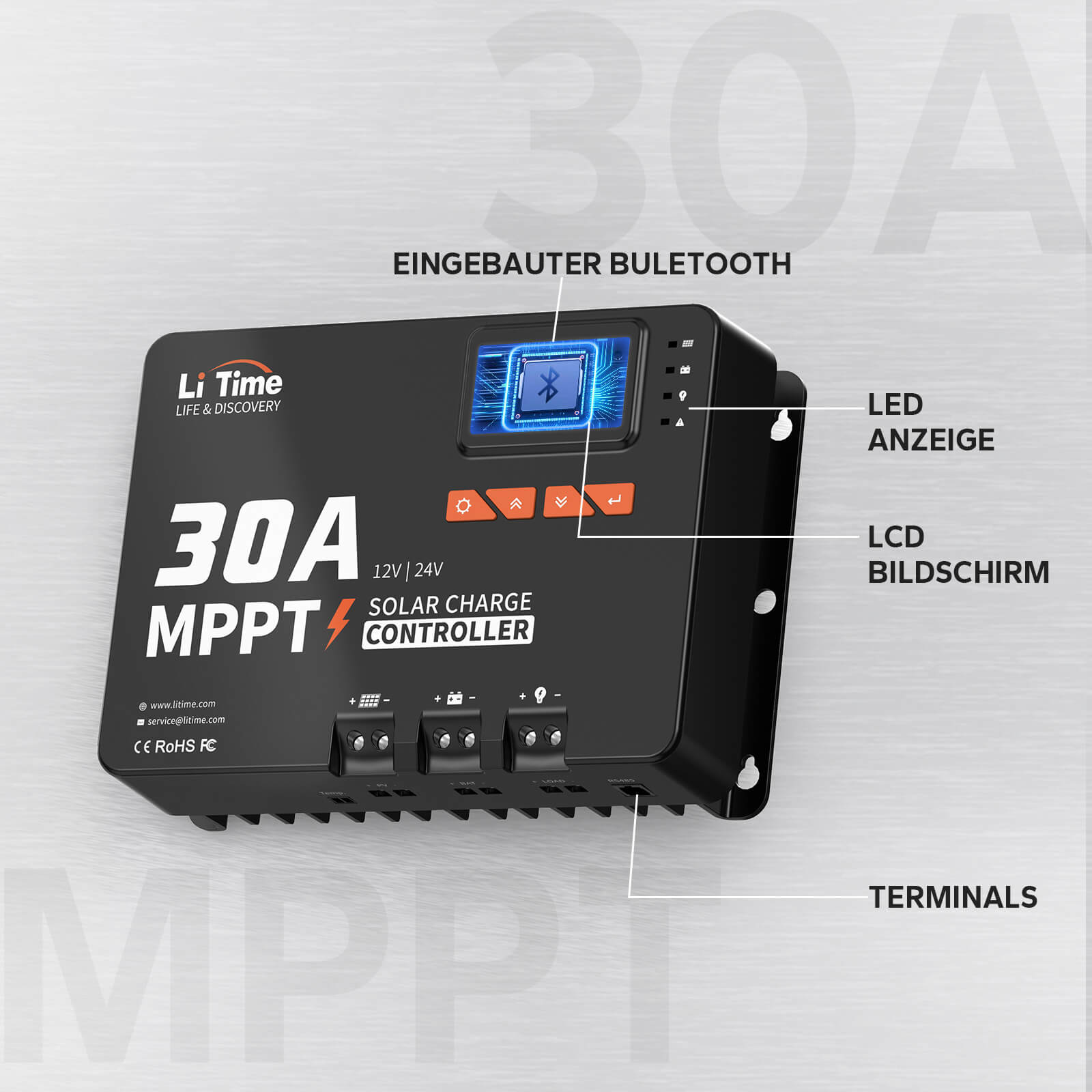 【0% TVA】LiTime 30A MPPT 12V/24V Contrôleur de charge solaire à entrée CC automatique avec adaptateur Bluetooth (UNIQUEMENT pour les bâtiments résidentiels et UNIQUEMENT en DEU - Uniquement pour les clients en Allemagne)