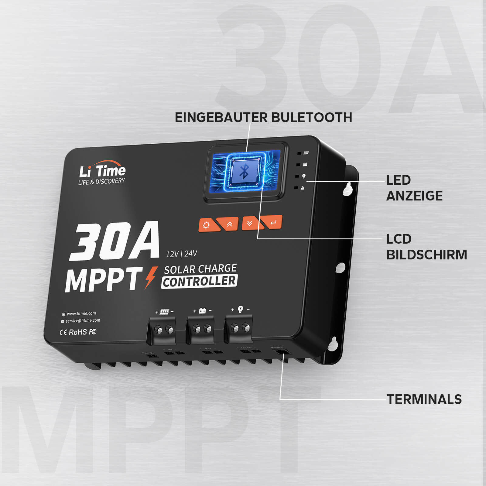 LiTime 30A MPPT 12V/24V Contrôleur de charge solaire à entrée CC automatique avec adaptateur Bluetooth
