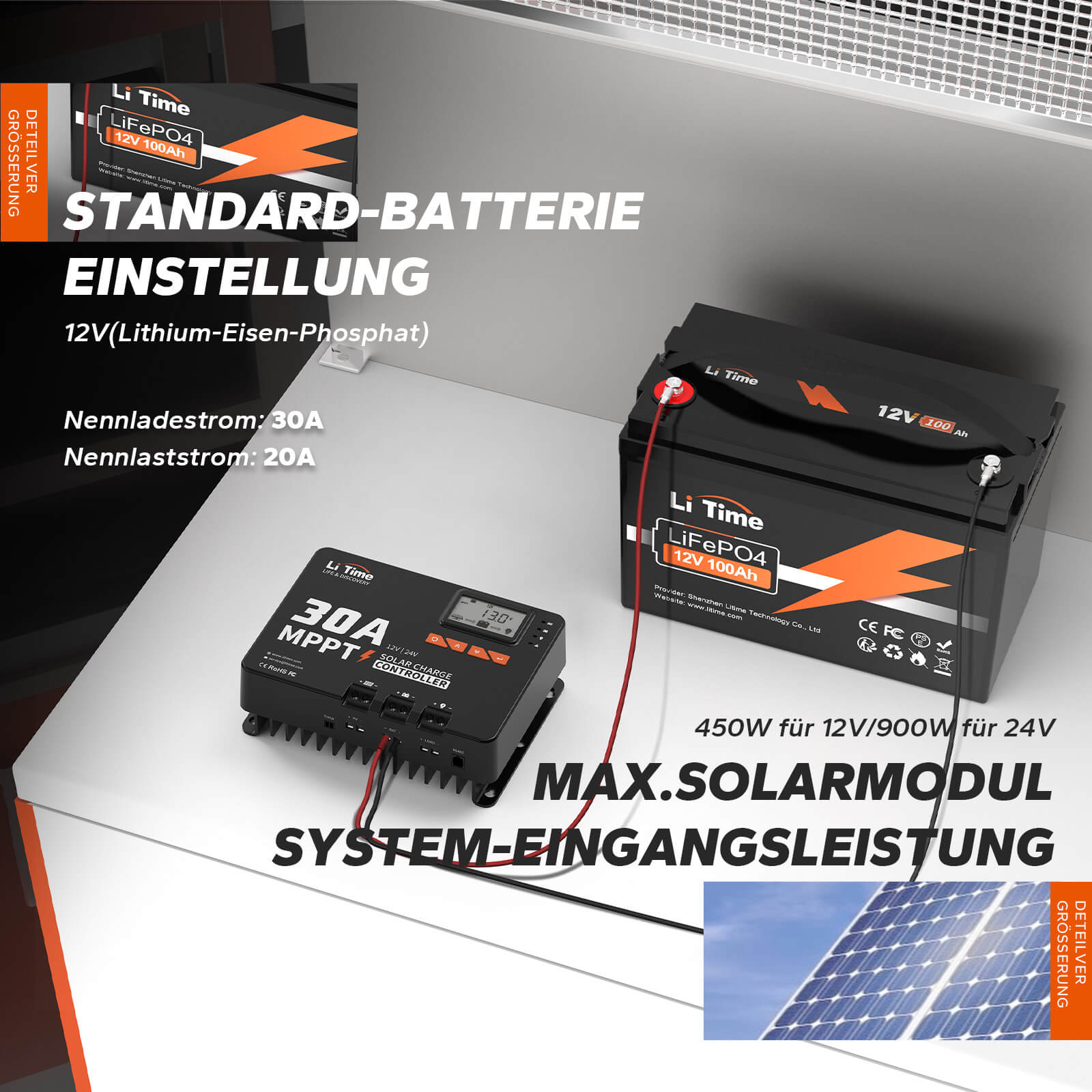 LiTime Solarsystem mit 30A MPPT und 12V LiFePO4