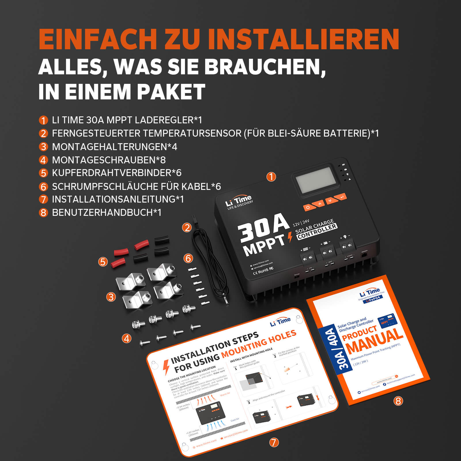 【0% TVA】LiTime 30A MPPT 12V/24V Contrôleur de charge solaire à entrée CC automatique avec adaptateur Bluetooth (UNIQUEMENT pour les bâtiments résidentiels et UNIQUEMENT en DEU - Uniquement pour les clients en Allemagne)
