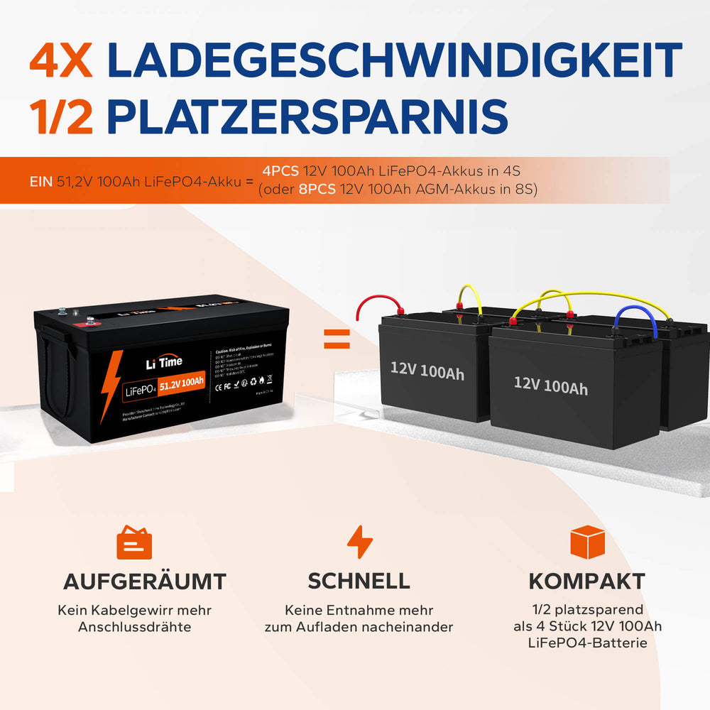 Batterie au lithium LiFePO4 LiTime 51,2 V 100 Ah avec 64 cellules &  1 chargeur gratuit de 58,4 V et 10 A🆓